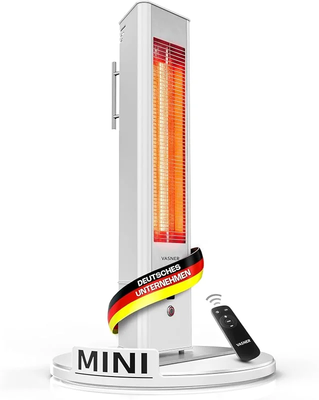 VASNER HeatTower Mini – Standheizstrahler 1500 W, Terrassenstrahler, Infrarot Heizstrahler, Elektro Terrassenheizer mit Standfuß, Fernbedienung, IP65 Outdoor Schutz (Weiß) — Heizung Warmepumpe