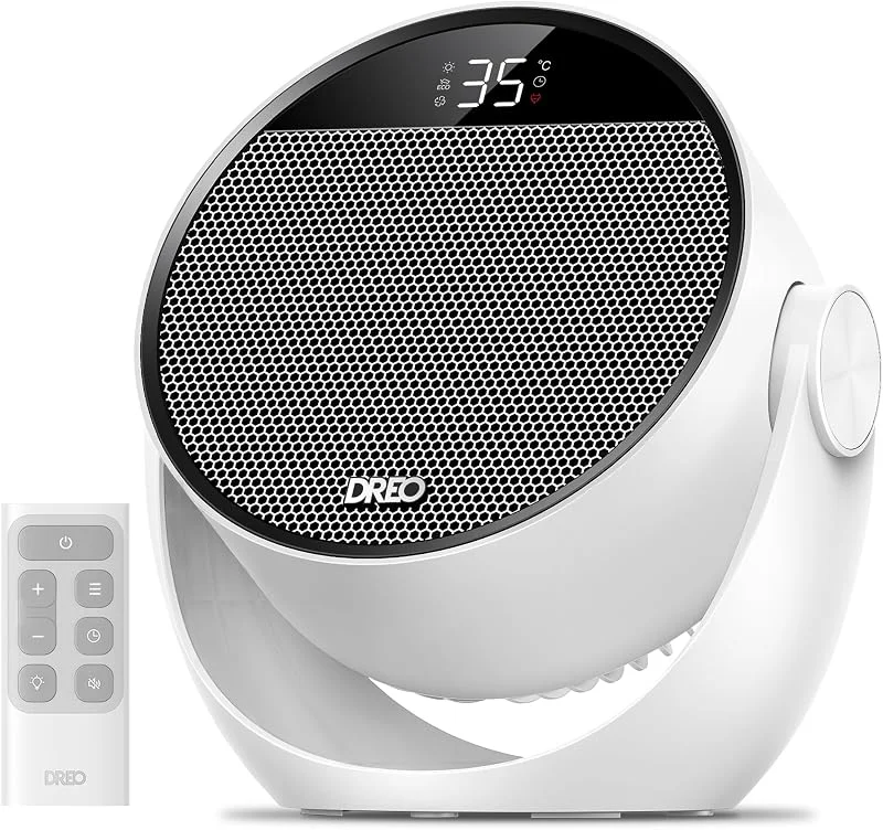 Dreo Heizlüfter Energiesparend Klein, Leiser 1500W Tragbar Heizlüfter mit Fernbedienung, Thermostat, 60° Neigbar, 8 Sicherheitsfunktionen, PTC-Keramik, 12-Std-Timer, 3 Modus 3 Geschwindigkeit, Weiß — Heizung Warmepumpe
