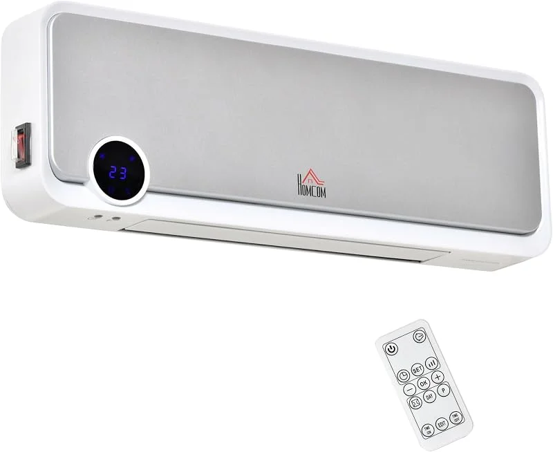 HOMCOM Heizlüfter Wandmontage 2000W mit Fernbedienung LED-Display Silber — Heizung Warmepumpe