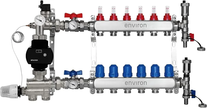ENVIRON- Heizkreisverteiler [2-12 Heizkreise] mit Festwertregelset, Kugelhahn Set und Schnellentlüfter Set, Hocheffizienzpumpe (Environ Ecocirc 25, 6, 6 Heizkreise) — Heizung Warmepumpe