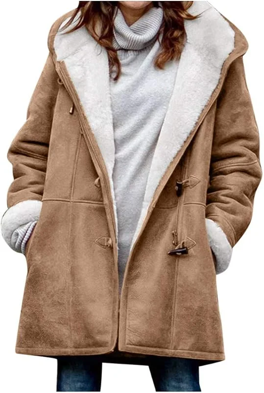 DeaAmyGline Wintermantel Damen Winter Jacke Mantel Sam Warm Teddyfleece Gefüttert Winterjacke mit Kapuze Hornschnalle Tasche Fleecejacke Parka Overcoat Große Größen S-5XL Damenjacken — Heizkleidung