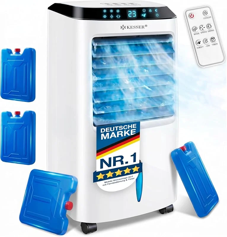 KESSER® Mobile Klimaanlage 4in1 Luftkühler – Air Cooler mit Fernbedienung & Timer, 10L Wassertank, Ionisator & Luftbefeuchter, Ventilator Klimagerät ohne Abluftschlauch, 3 Stufen inkl. Kühlakkus