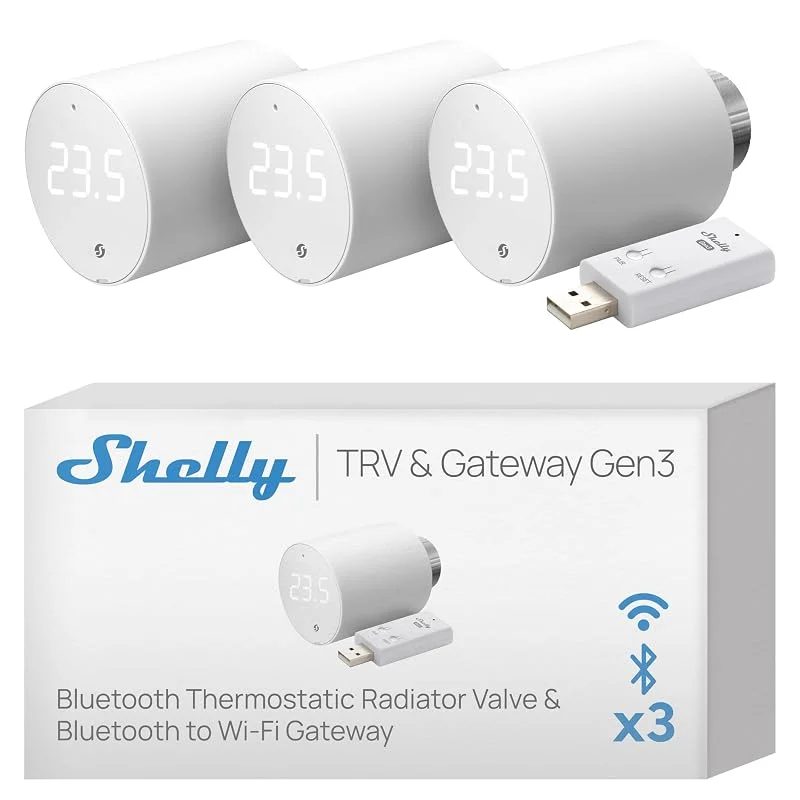 Shelly Blu TRV & Shelly Blu Gateway Gen3 - Bluetooth & Zigbee Smart Thermostatventil, Präzise Temperaturregelung, Boost-Modus, Umfassende Integration, Hausautomation, Alexa & Google Home (3 Stück) — Heizung Warmepumpe