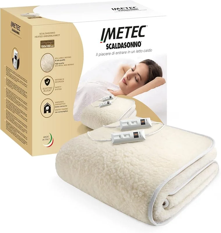 Imetec Scaldasonno, Wärmeunterbett für Doppelbetten, 150x160 cm, niedriger Stromverbrauch, 50 % aus Wolle und Merinowolle, 2 Temperaturen, Elektro Block-Sicherheitsvorrichtung, Made in Italy — Heizung Warmepumpe