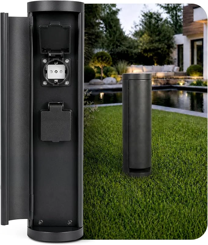 SSC-LUXon PALISO Design Steckdosensäule 2-fach schwarz aus Edelstahl IP44 — Heizung Warmepumpe